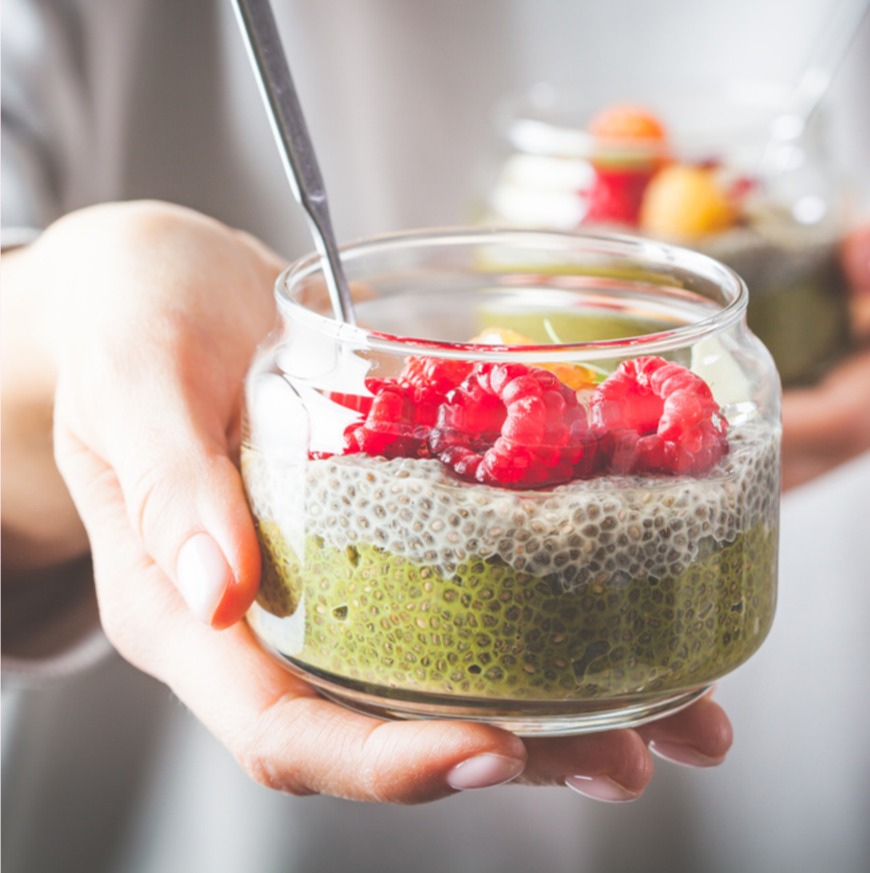 Matcha Chia Pudding with Raspberries